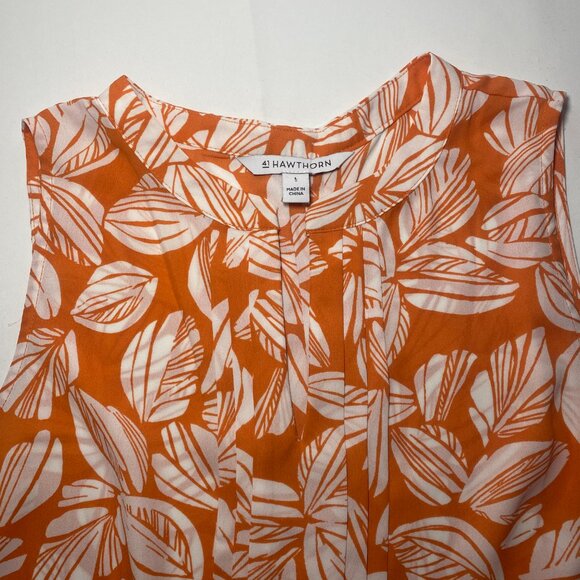 41 HAWTHORN Orange White Leaf Print Breyson Pleat Split Neck Blouse Womens L EUC - Picture 3 of 7